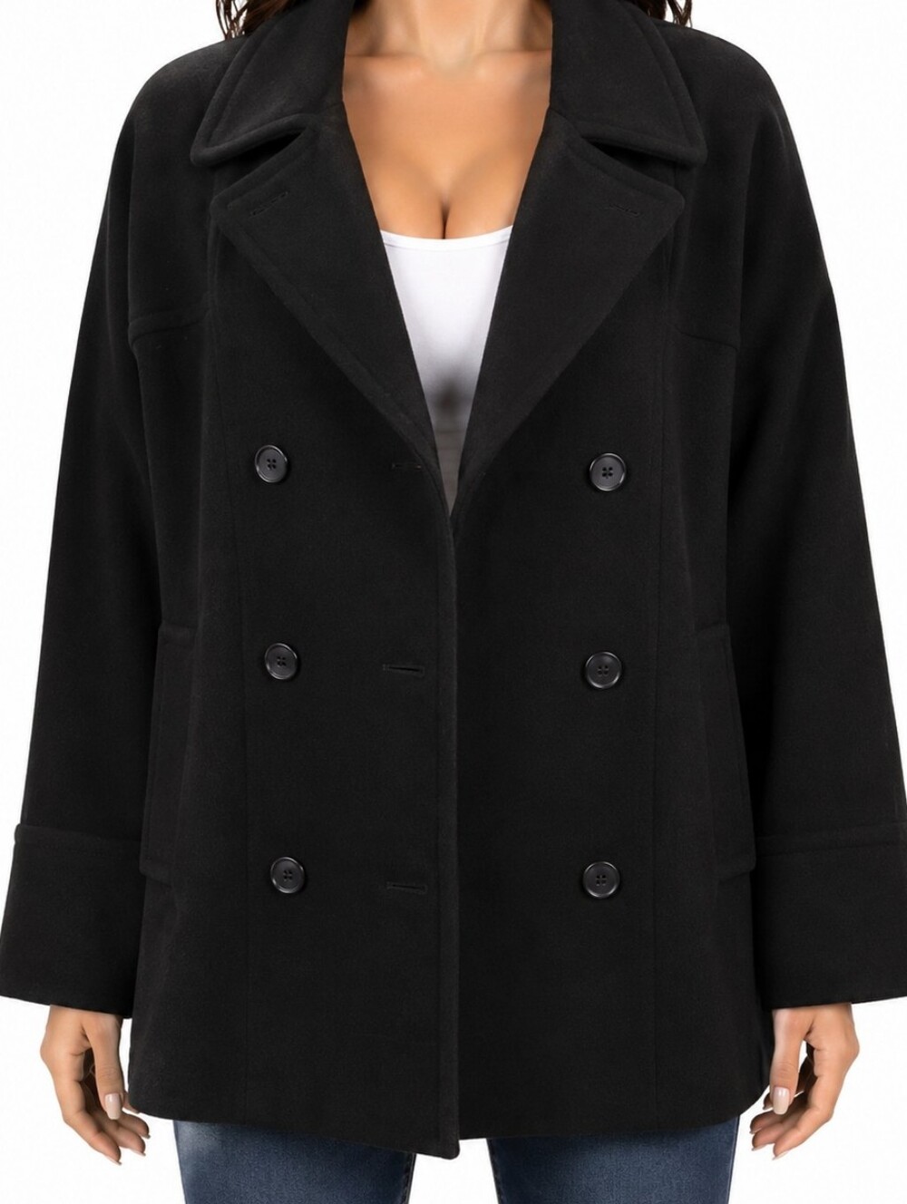 Giacca Women L Pea Coat Blk Wool Blend   Boho Y2k Cottage Normcore Barbie